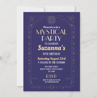 Mystical Birthday Navy Gold Sun Moon Party Einladung
