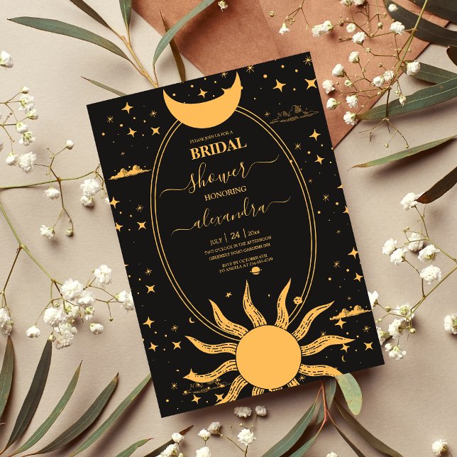 Mystical Black and Gold Sun Moon Bridal Einladung (Von Creator hochgeladen)