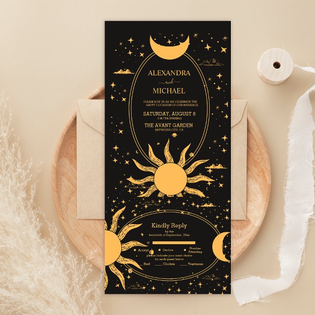 Mystical Black and Gold Sun Moon Wedding All In One Einladung (Von Creator hochgeladen)