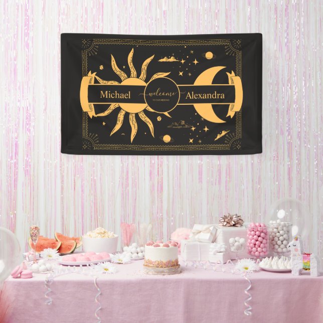 Mystical Black and Gold Sun Moon Wedding Banner (Party)