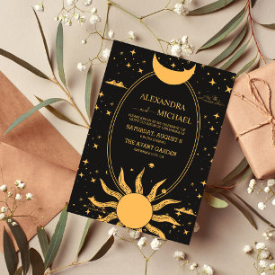 Mystical Black and Gold Sun Moon Wedding Einladung