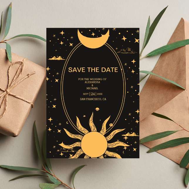 Mystical Black and Gold Sun Moon Wedding Save The Date (Von Creator hochgeladen)