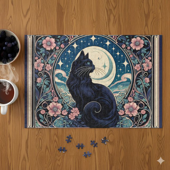 Mystical Black Cat Art Nouveau Puzzle (Mystical Black Cat Art Nouveau Jigsaw Puzzle Mockup A)