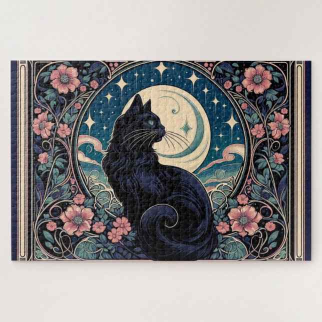 Mystical Black Cat Art Nouveau Puzzle (Horizontal)