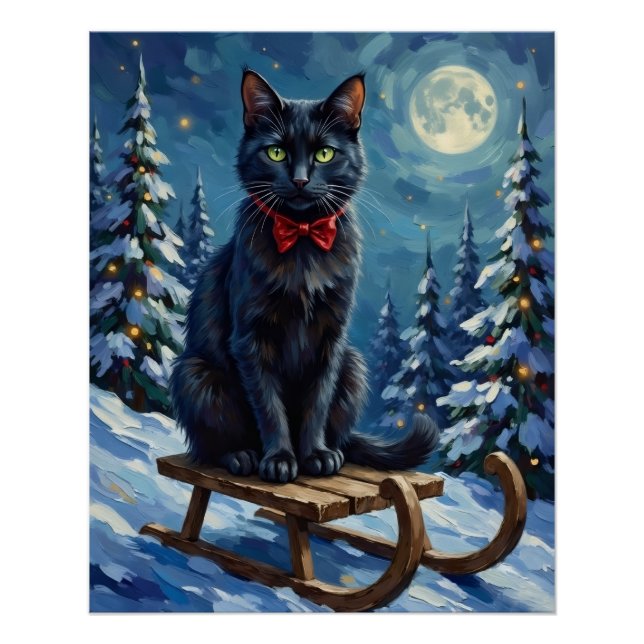 Mystical Black Cat Enchanted Winter Sled Christmas Poster (Vorderseite)