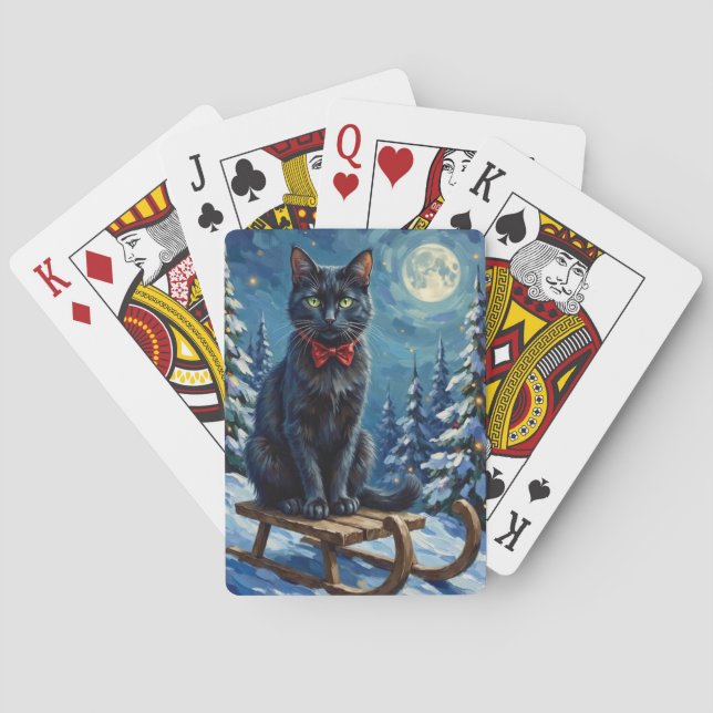Mystical Black Cat Enchanted Winter Sled Christmas Spielkarten (Rückseite)