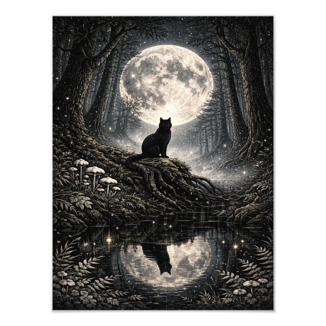 Mystical Black Cat Under Full Moon Forest Poster (Vorne)