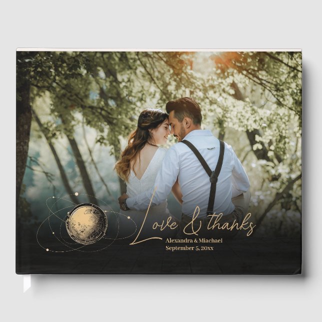Mystical Black Gold Celestial Galaxy Wedding Gästebuch (Vorderseite)
