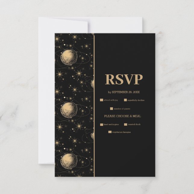 Mystical Black Gold Celestial Galaxy Wedding RSVP Karte (Vorderseite)