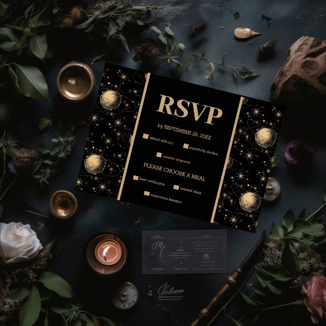 Mystical Black Gold Celestial Galaxy Wedding RSVP Karte (Von Creator hochgeladen)
