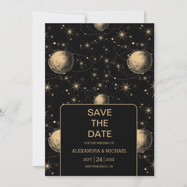 Mystical Black Gold Celestial Galaxy Wedding Save The Date (Vorderseite)