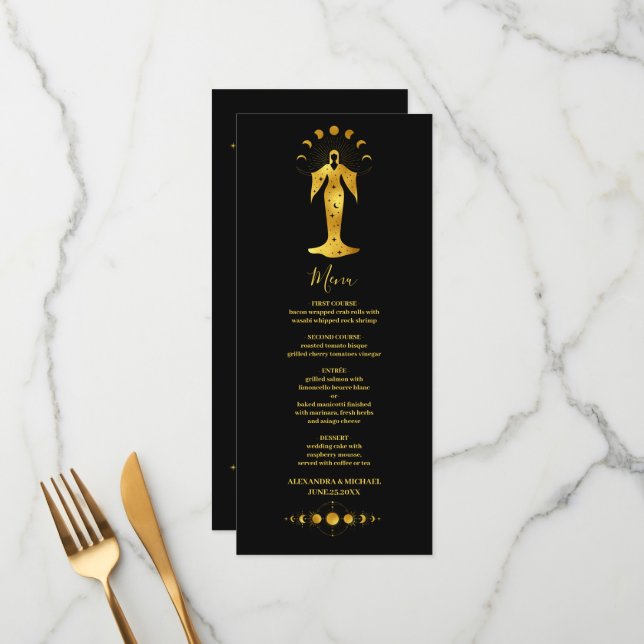 Mystical Black Gold Celestial Stars Wedding Menu Menükarte (Vorderseite/Rückseite Beispiel)