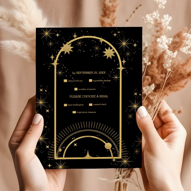 Mystical Black Gold Celestial Stars Wedding  RSVP Karte (Von Creator hochgeladen)