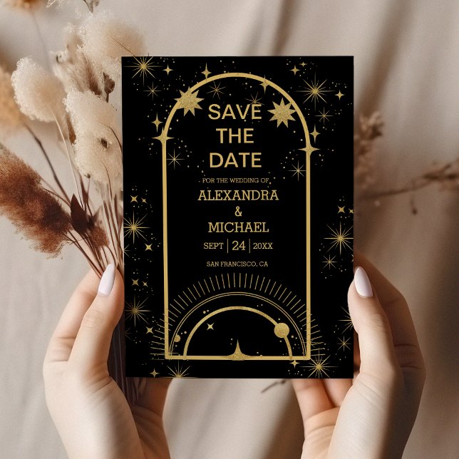 Mystical Black Gold Celestial Stars Wedding  Save The Date (Von Creator hochgeladen)