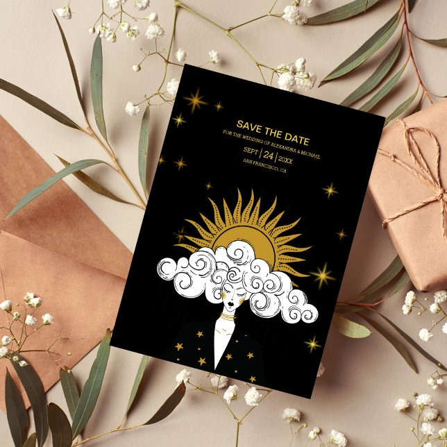 Mystical Black Gold Celestial Sun Wedding Save The Date (Von Creator hochgeladen)