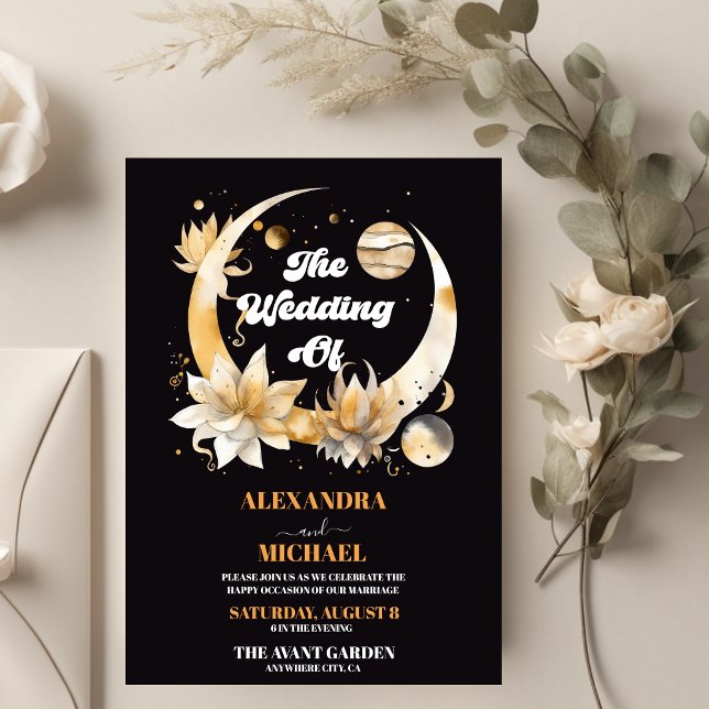 Mystical Black Gold Celestial Wedding Einladung (Von Creator hochgeladen)