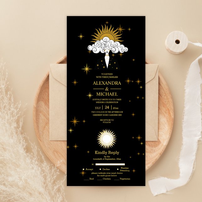 Mystical Black Gold Celestis Stars Wedding All In One Einladung (Von Creator hochgeladen)