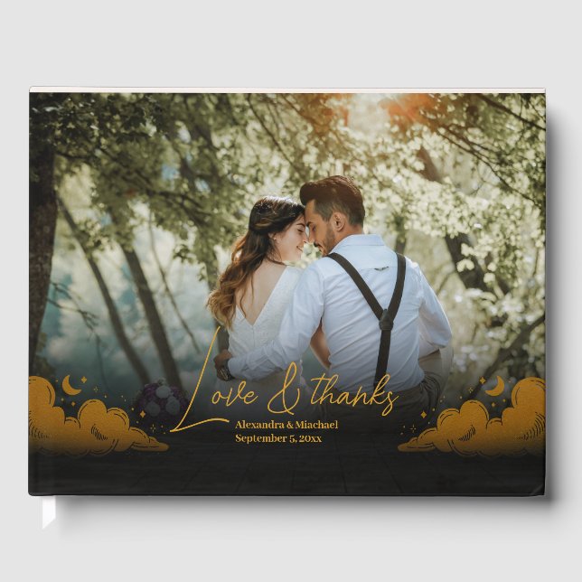 Mystical Black Gold Clouds Moon Wedding Gästebuch (Vorderseite)