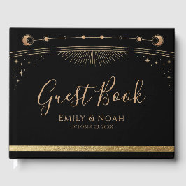 Mystical Black Gold Sun Moon Stars Hochzeit Gästebuch
