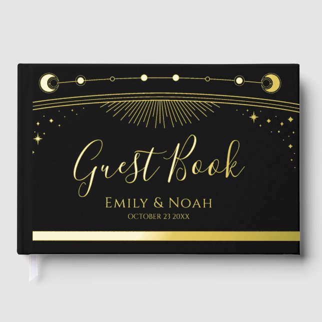 Mystical Black Gold Sun Moon Stars Hochzeit Gästebuch (Vorderseite)