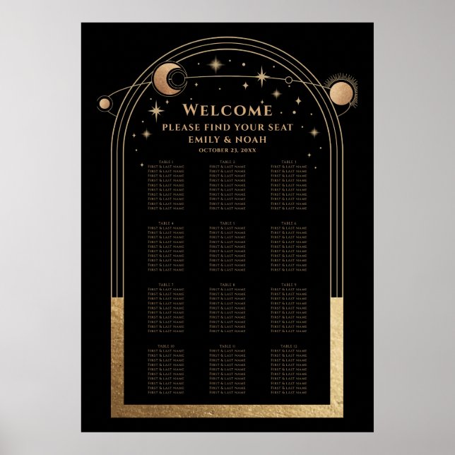 Mystical Black Gold Sun Moon Stars Hochzeit Poster (Vorne)