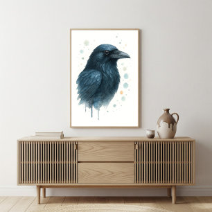 Mystical Black Raven Watercolor Portrait Poster