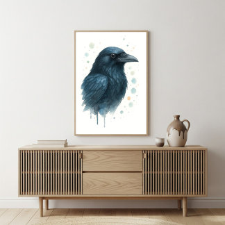 Mystical Black Raven Watercolor Portrait Poster