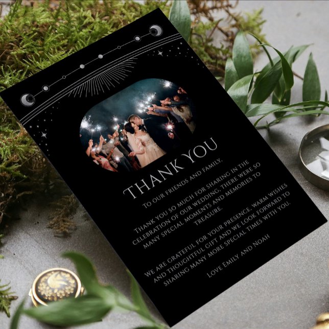 Mystical Black Silver Sun Moon Star Foto Wedding Dankeskarte (Von Creator hochgeladen)