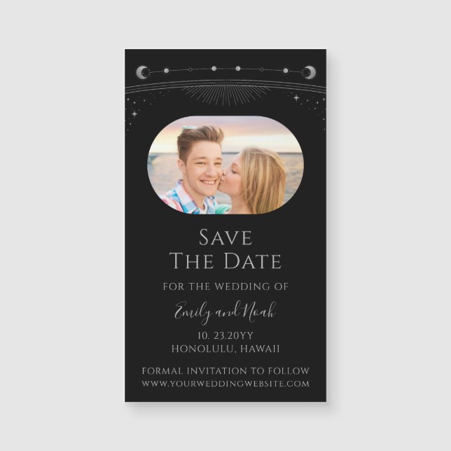 Mystical Black Silver Sun Moon Star Save the Date Magnetkarte (Vorderseite)