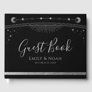 Mystical Black Silver Sun Moon Stars Hochzeit Gästebuch