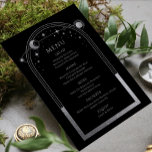 Mystical Black Silver Sun Moon Stars Hochzeit Menükarte<br><div class="desc">Mystische Schwarz Silver Sun Moon Stars Astronomie Galaxy Celestial Cosmic Space Wedding Menu Karten zeigt eine silberne Sonne, Mond und Sternen Rahmen auf einem schwarzen Hintergrund mit Ihren Menüdetails in der Mitte in modernen Silber-Kalligraphie-Skript. Personalisieren Sie den Text durch Bearbeiten in den bereitgestellten Textfeldern. Entworfen für Sie von ©2022 Evco...</div>
