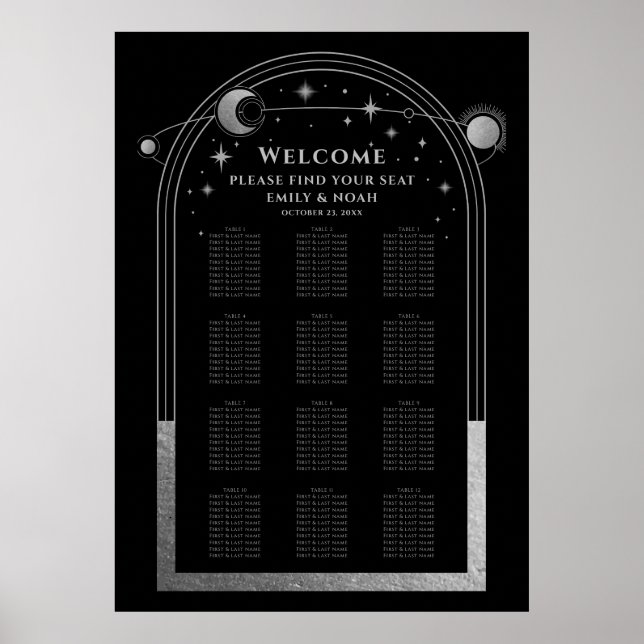 Mystical Black Silver Sun Moon Stars Hochzeit Poster (Vorne)