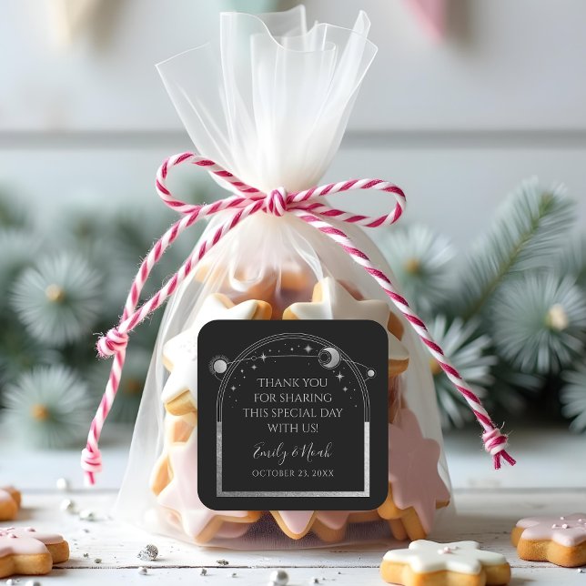 Mystical Black Silver Sun Moon Stars Hochzeit Quadratischer Aufkleber (Von Creator hochgeladen)