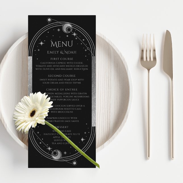 Mystical Black Silver Sun Moon Wedding Menu Cards Menükarte (Von Creator hochgeladen)