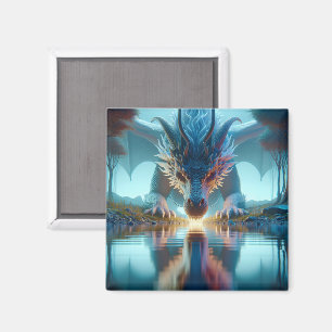 Mystical Blue Dragon betrachtet Reflektion in Wass Magnet