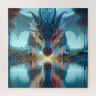 Mystical Blue Dragon betrachtet Reflektion in Wass Puzzle