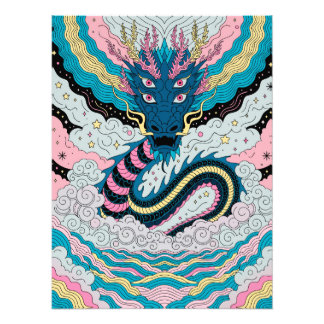 Mystical Blue Dragon in Clouds Fotodruck