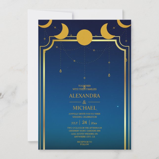 Mystical Blue Gold Celestial Stars Wedding Invit Einladung (Vorderseite)