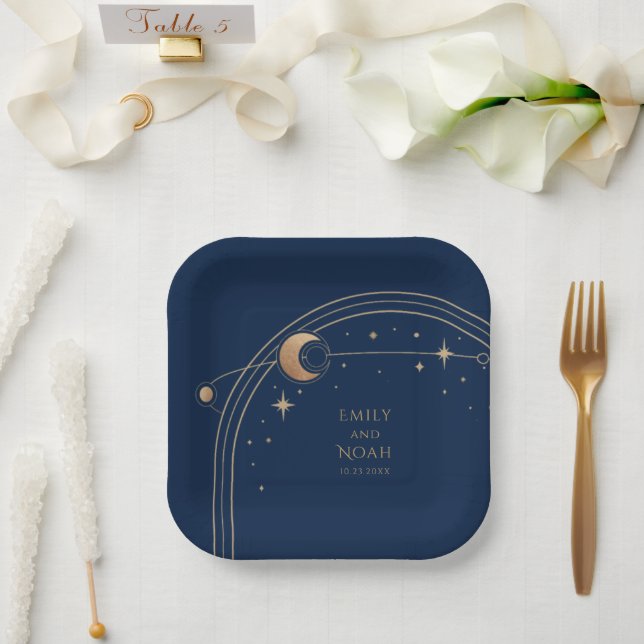 Mystical Blue Gold Sun Moon Astronomie Space Pappteller (Hochzeit)