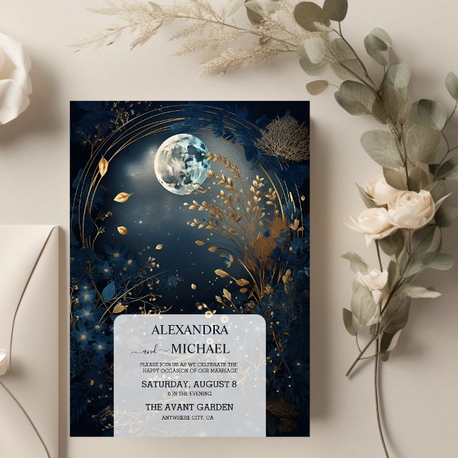 Mystical Blue Midnight Gold Celestial Wedding Einladung (Von Creator hochgeladen)