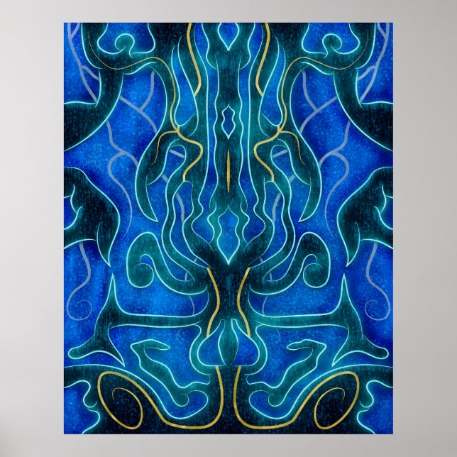 Mystical Blue Neon Ocean Kelpie Muster Poster (Vorne)