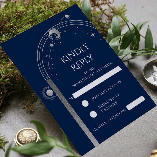 Mystical Blue Silver Star Moon Astronomie Hochzeit RSVP Karte (Von Creator hochgeladen)
