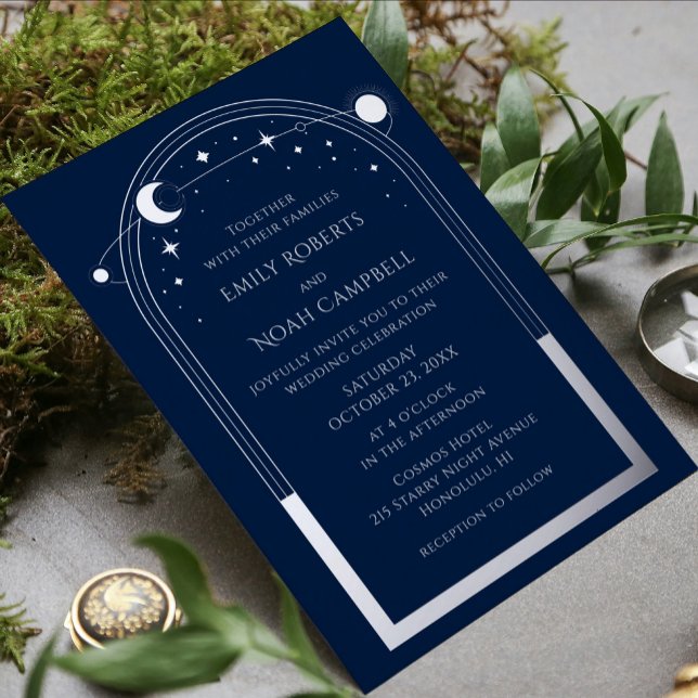Mystical Blue Silver Sun Moon Stars Foto Hochzeit Folieneinladung (Von Creator hochgeladen)