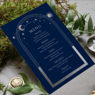 Mystical Blue Silver Sun Moon Stars Hochzeit Menükarte