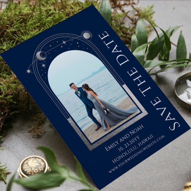 Mystical Blue Silver Sun Moon Stars Hochzeit Save The Date (Von Creator hochgeladen)