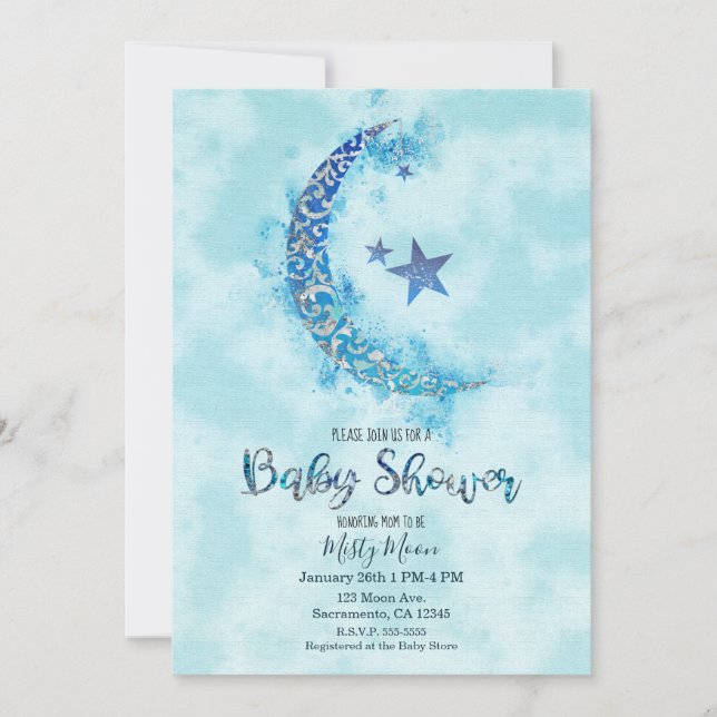 Mystical Blue & Silver Watercolor Halbmond Einladung (Vorderseite)