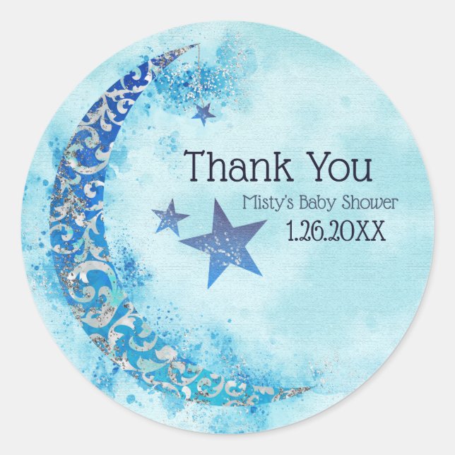 Mystical Blue & Silver Watercolor Halbmond Runder Aufkleber (Vorderseite)