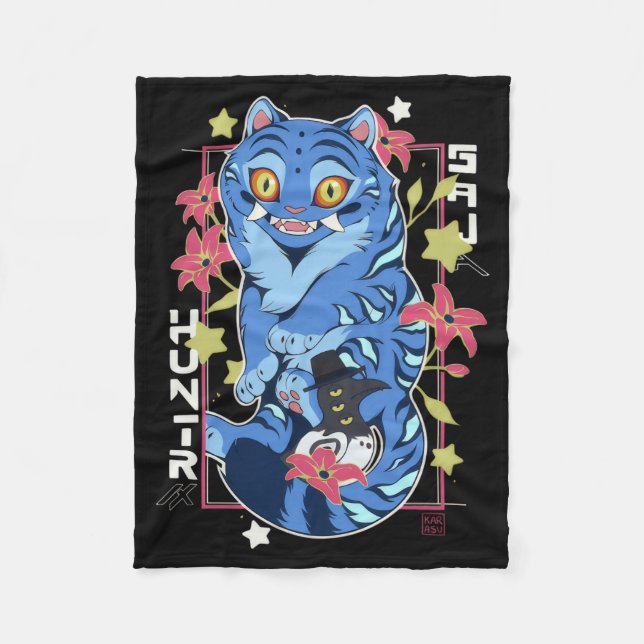 Mystical Blue Tiger Japanese Folk Art Style Fleecedecke (Vorderseite)