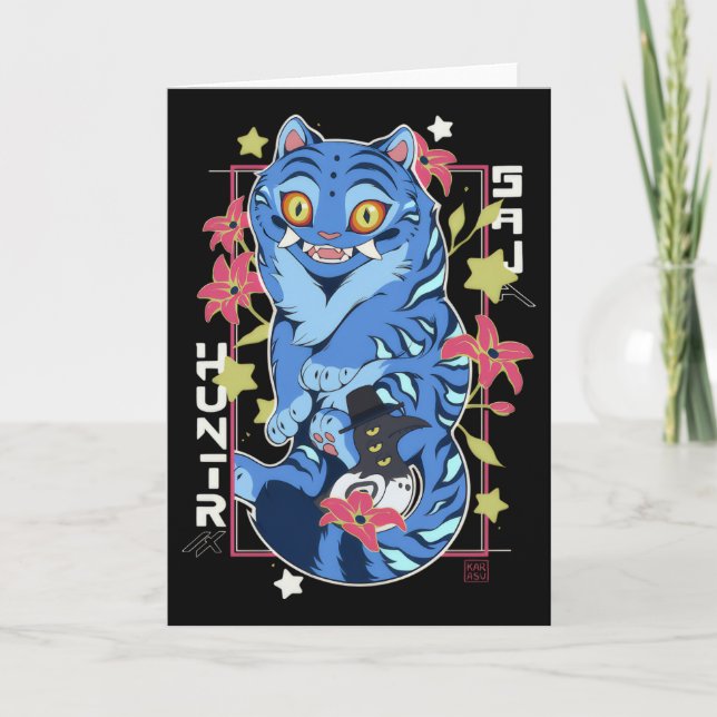 Mystical Blue Tiger Japanese Folk Art Style Karte (Vorderseite)