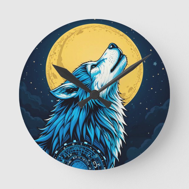 Mystical Blue Wolf Howling auf Vollmond Runde Wanduhr (Vorderseite)